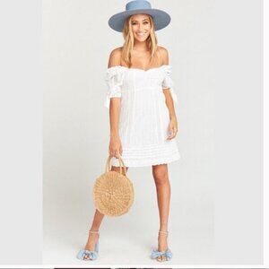 NWT SHOW ME YOUR MUMU Hartley White Crochet Lace Off-Shoulder Mini Dress S